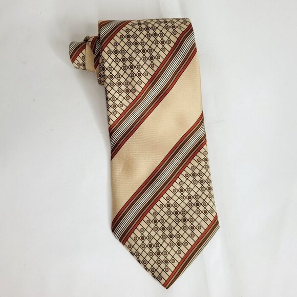 Striped Tie Necktie Geometric Checked Dots Circles Tan Brown Red Vintage 70s - Picture 2 of 5